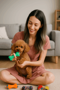 Oyuncaklarıyla oynayan toy poodle ve sahibi