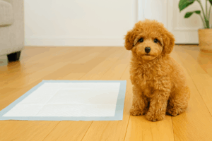 Toy poodle tuvalet eğitimi, tuvalet pedi üzerinde küçük ırk köpek eğitimi.