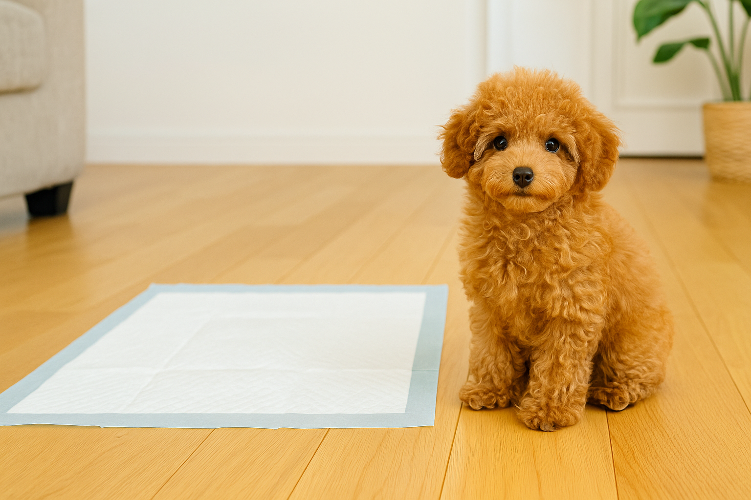 Toy poodle tuvalet eğitimi, tuvalet pedi üzerinde küçük ırk köpek eğitimi.
