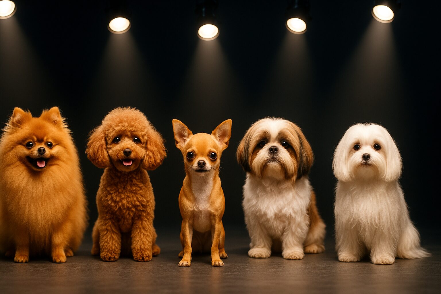 Pomeranian, Chihuahua, Toy Poodle ve Maltese gibi küçük ırk köpeklerin sahnede sahne ışıkları altında toplandığı görsel.