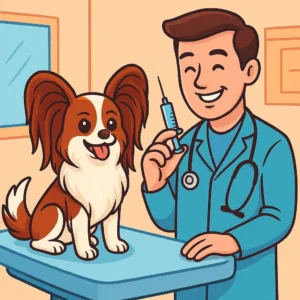 Veteriner sedyesinde uslu duran mutlu Papillon cinsi küçük köpek, veteriner elinde küçük bir şırınga tutuyor, çizgi film tarzında sağlık kontrolü temalı görsel. Küçük ırk köpek sağlık sorunları rehberi kapak görseli.