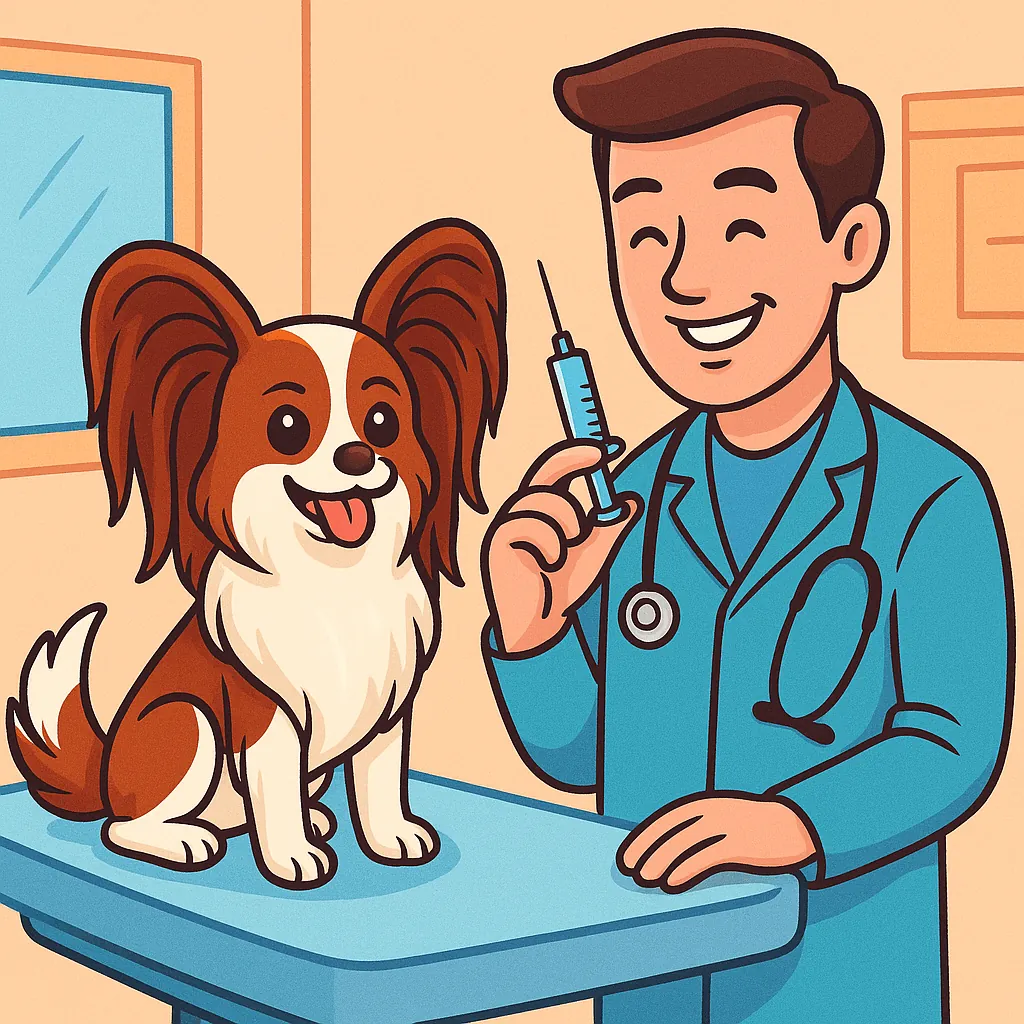 Veteriner sedyesinde uslu duran mutlu Papillon cinsi küçük köpek, veteriner elinde küçük bir şırınga tutuyor, çizgi film tarzında sağlık kontrolü temalı görsel. Küçük ırk köpek sağlık sorunları rehberi kapak görseli.
