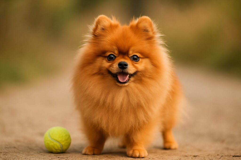 Pomeranian cinsi köpek: Küçük, kabarık tüylü, sevimli ve enerjik görünümüyle poz veriyor.